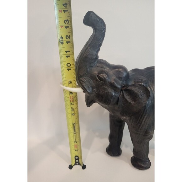 Elephant Black Leather Wrapped Vintage 13-14” Lucky Trunk Up Sculpture Statue - Picture 10 of 12